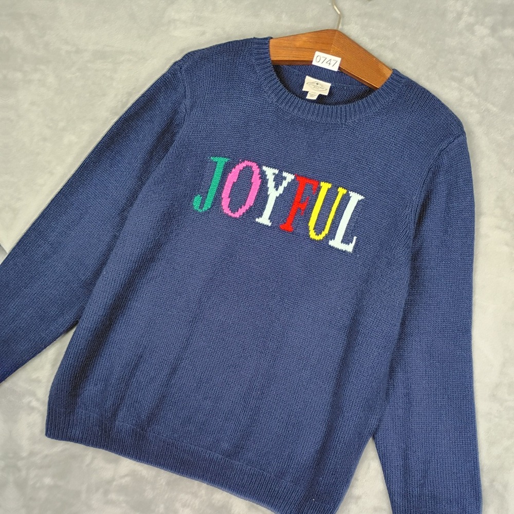 St Johns Bay Sweater Womens XXL Navy Blue Joyful Graphic Knit Pullover Boho 90s